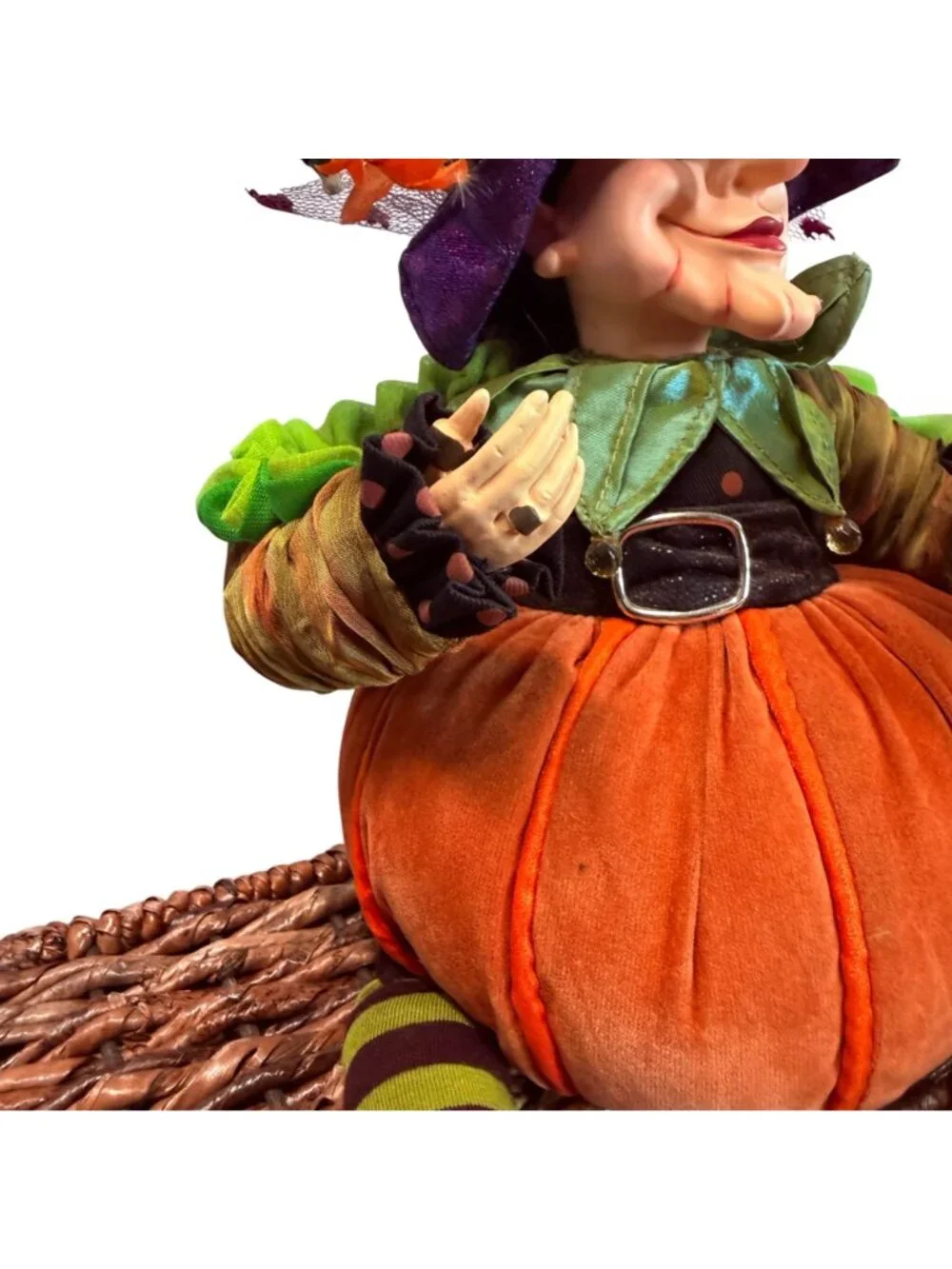 Rare find! Whimsical Halloween Pumpkin Witch Shelf Sitter Doll | Long Striped Le